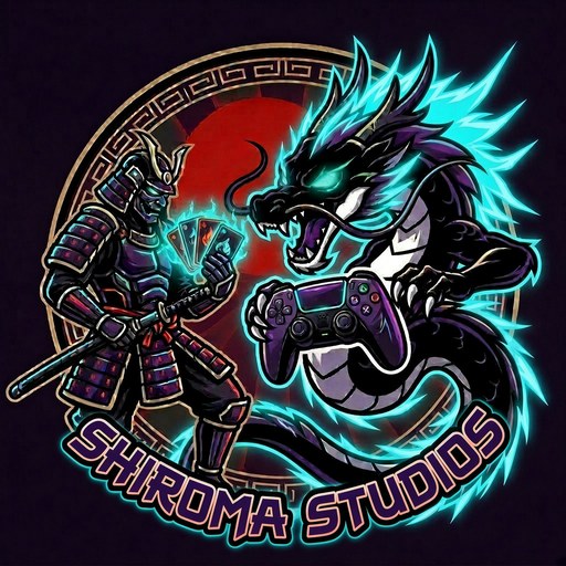 Shiroma Studios logo: a samurai holding glowing cards faces a black dragon holding a game controller in front of a red sun